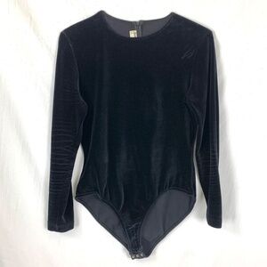 Vintage 1990s Tape Measure Black Velvet Body Suit L Snap Crotch Long Sleeves